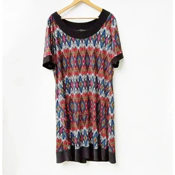 TIANA B GEOMETRIC ASTEC PATTERN BLACK BLUE RED GREEN SHORT SLEEVE DRESS Sz 18W - Picture 1 of 5